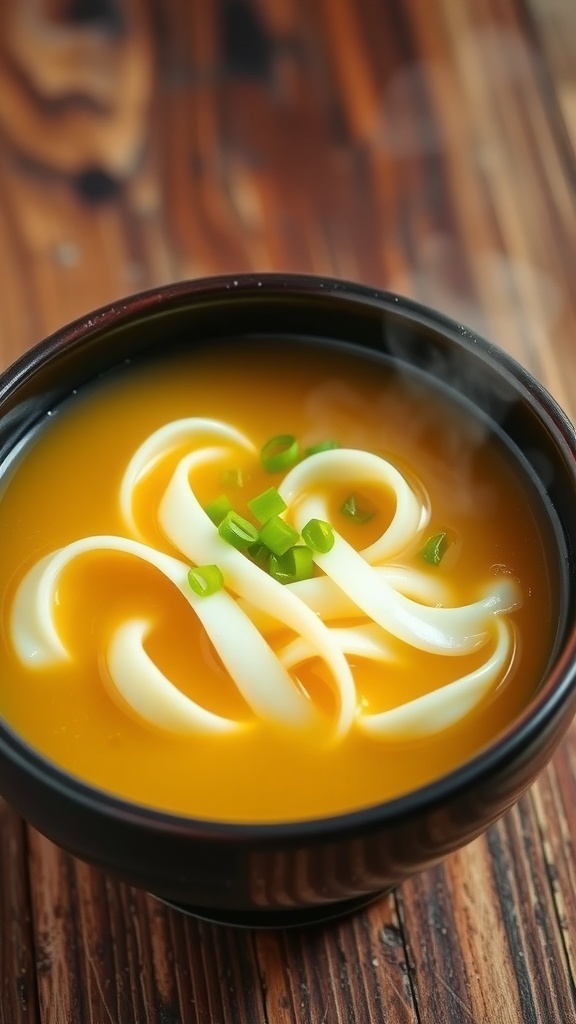 A bowl of egg drop soup with ribbons of egg in golden broth, garnished with green onions on a rustic table.